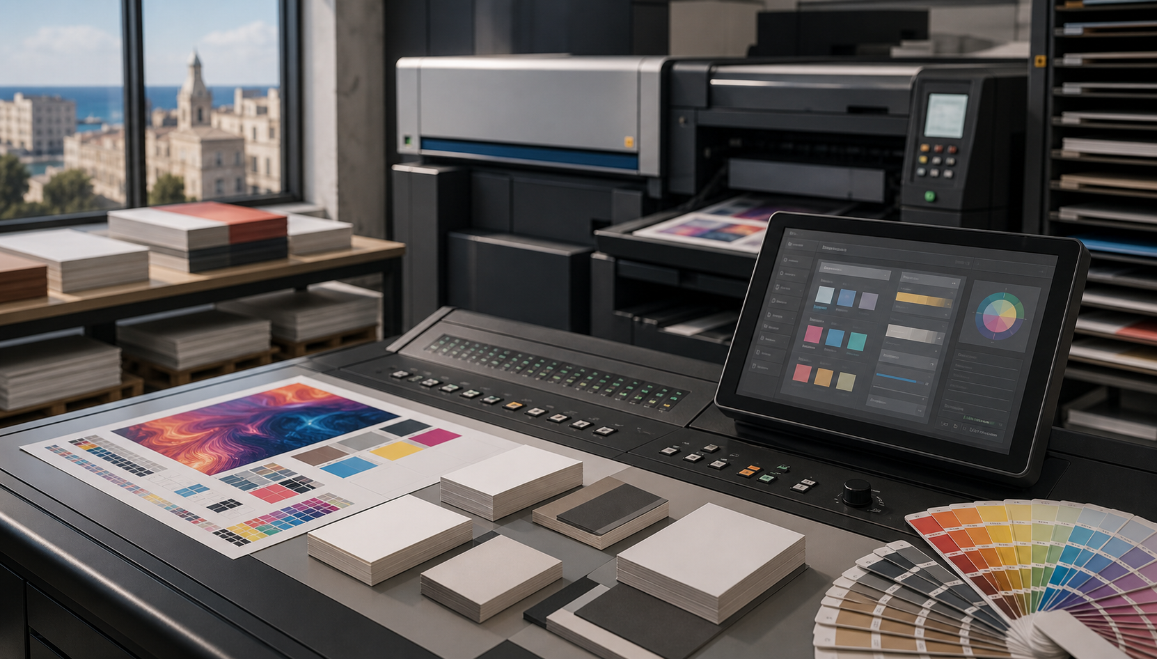 Consolle di una stampante digitale con materiali di stampa in primo piano